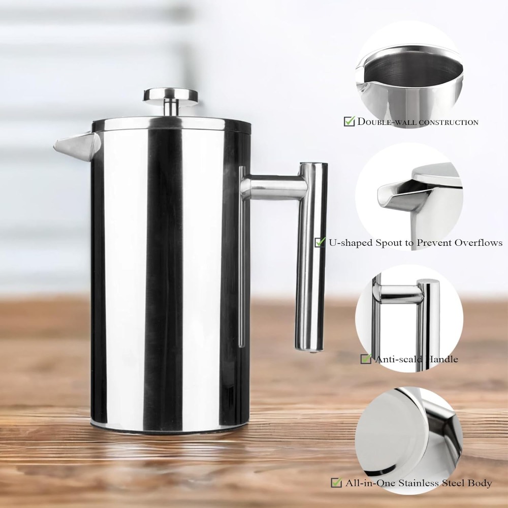 French Press Coffee Maker - Cafetera Francesa, Acero Inoxidable 304, Doble